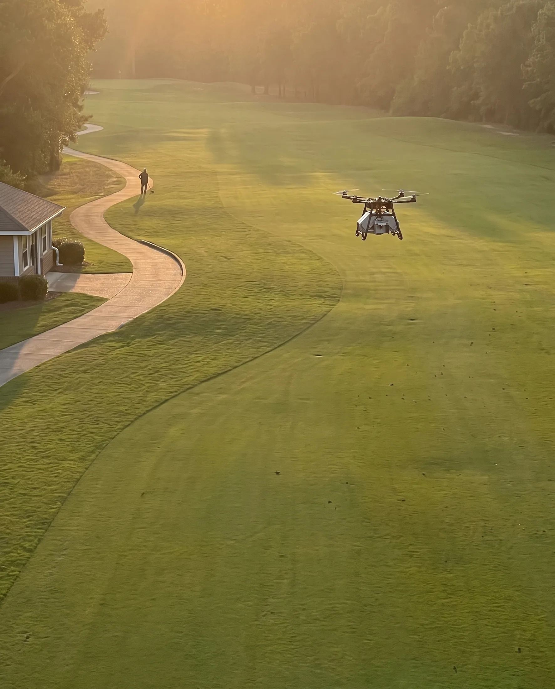 Granulator working a golf course, grounds crew on the cart path