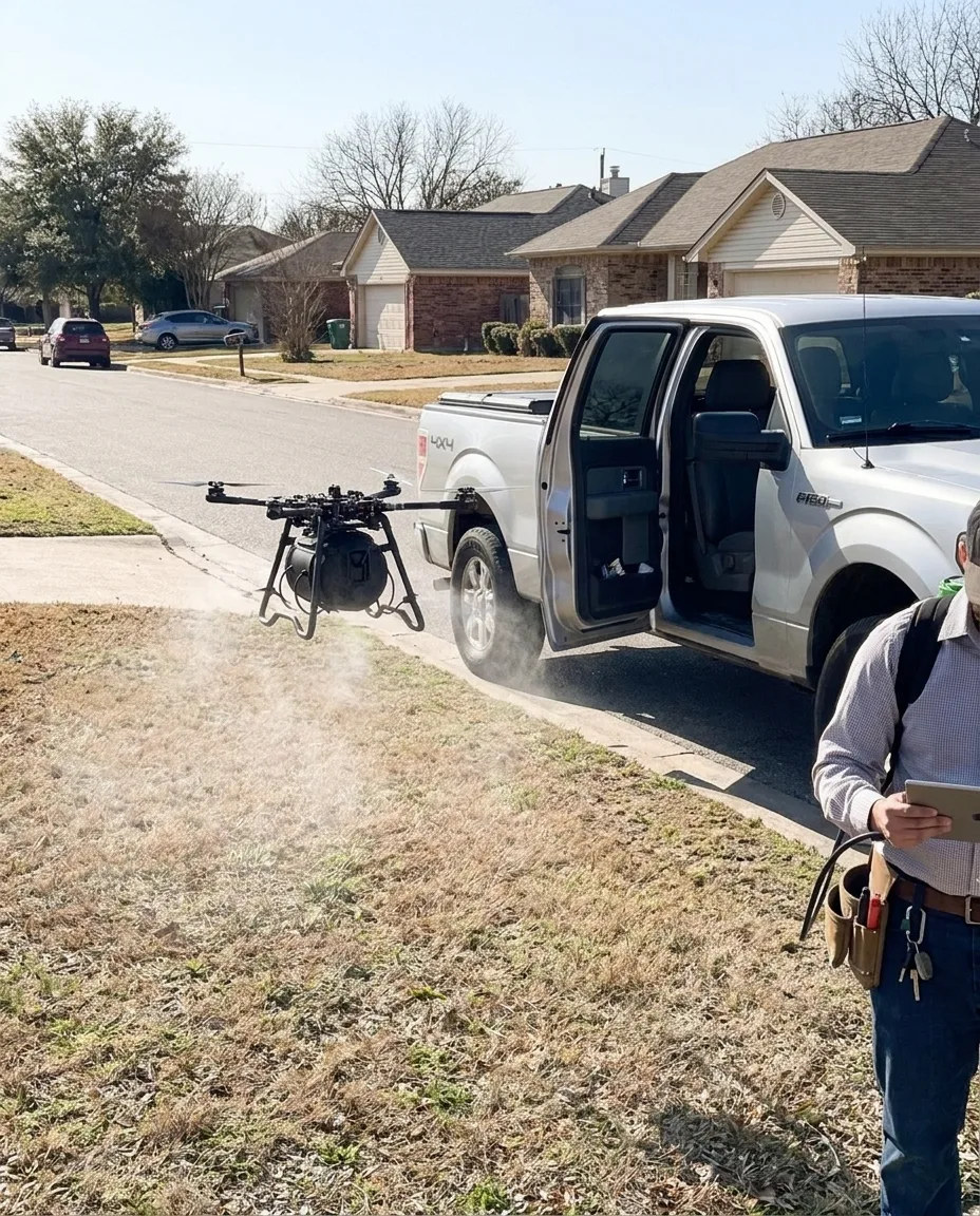 A pest control technician monitoring a fogging drone treating a lawn beside his service truck